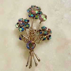 Vintage Aurora Borealis Crystal Floral Bouquet Brooch - Multicolor